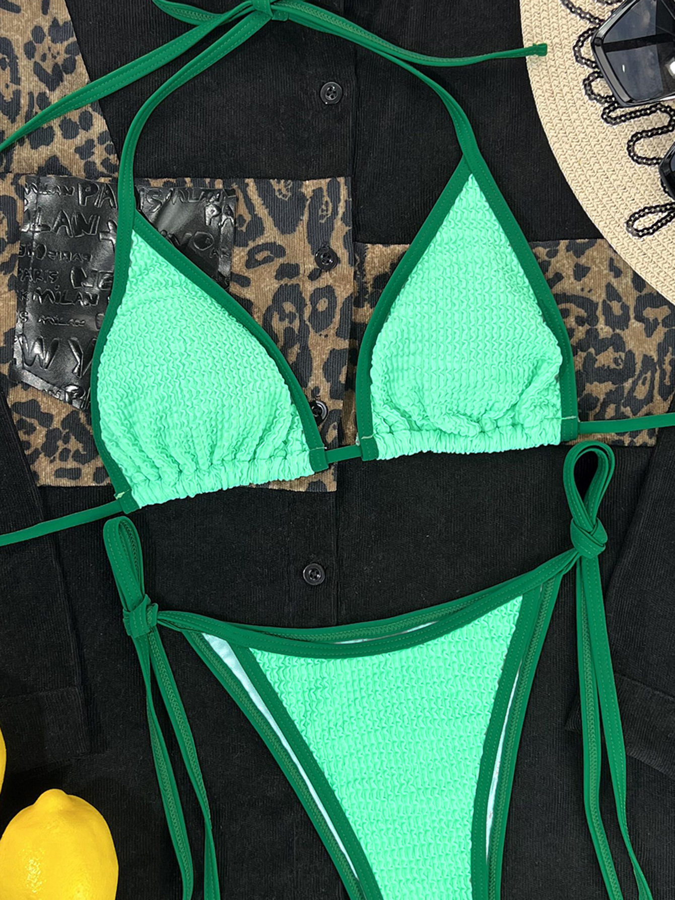 Sexy Bikini sets Textured Contrast Binding Halter Triangle Tie Side Bikini